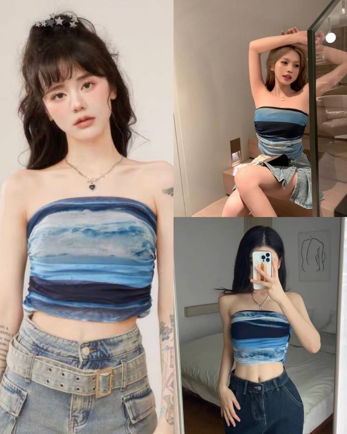 เสื้อเกาะอกผญ ครอปเกาะอก ลายพริ้ว ผ้าชีฟอง พิมพ์ลายอย่างดี มีซับไม่โป๊ ผ้าใส่สบายไม่บาดผิว แฟชั่นผญ แฟชั้นเกาหลี