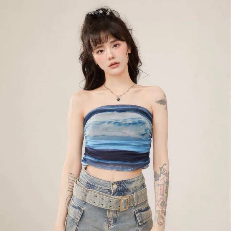 เสื้อเกาะอกผญ ครอปเกาะอก ลายพริ้ว ผ้าชีฟอง พิมพ์ลายอย่างดี มีซับไม่โป๊ ผ้าใส่สบายไม่บาดผิว แฟชั่นผญ แฟชั้นเกาหลี