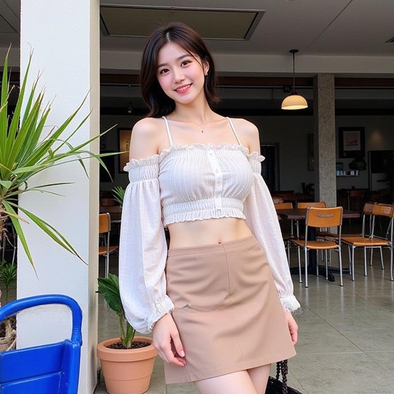 ปาดไหล่แขนยาส เสื้อปาดไหล่ ครอปปาดไหล่ ครอปแขนยาว