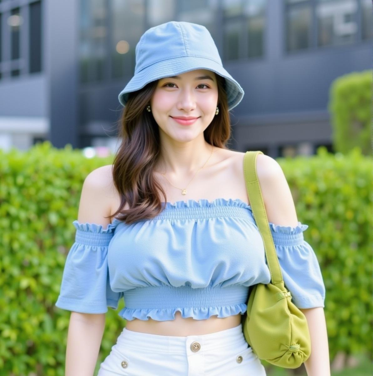 เสื้อครอปเกาะอก-ปาดไหล่แขนสั้น สีฟ้า 🌈💙💦