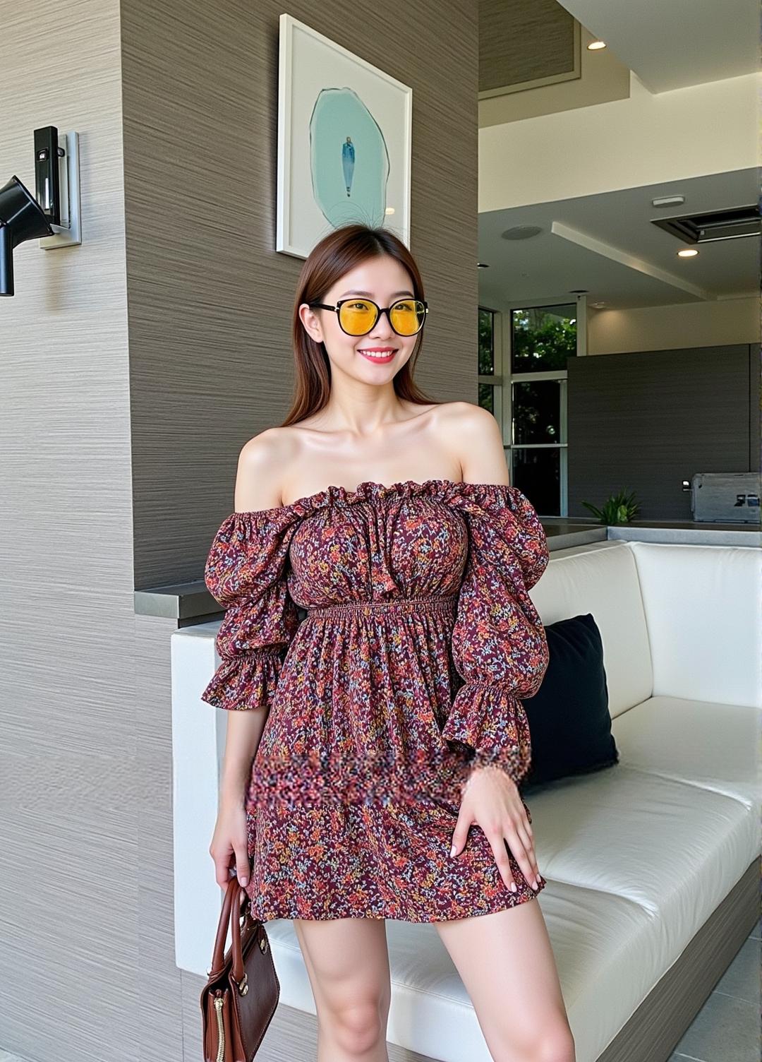Mahaheng มินิเดรส เดรสผู้หญิง เดรสแฟชั่น เดรสสม็อก ปาดไหล่ แขนระบาย ลายดอกไม้น่ารัก สีสันสดใส ใส่สบายยืดตามตัว แฟชั่นเกาหลี