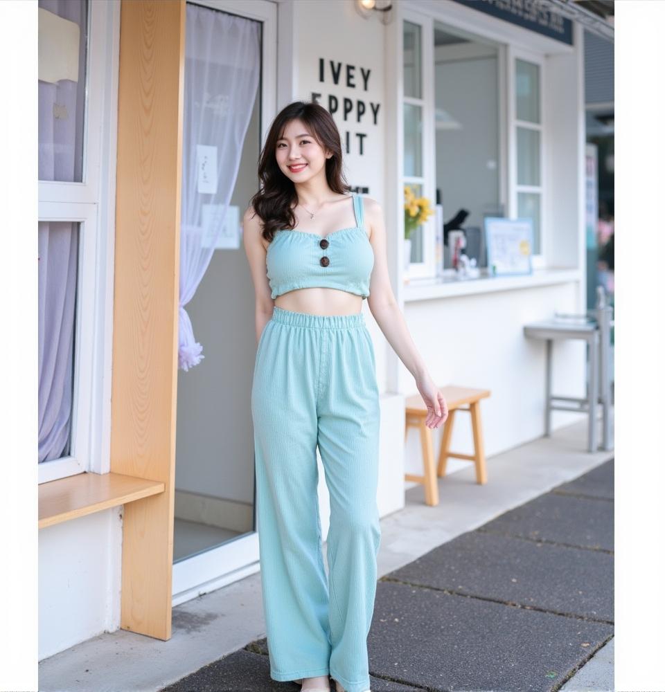 Mahaheng ชุดเซต2ชิ้นผู้หญิง เสื้อครอป แขนกุด ไม่มีกระดุม + กางเกงขายาว ทรงหลวม ขายาว Match & Chic ใส่ได้ทุกโอกาส แฟชั่นเกาหลี