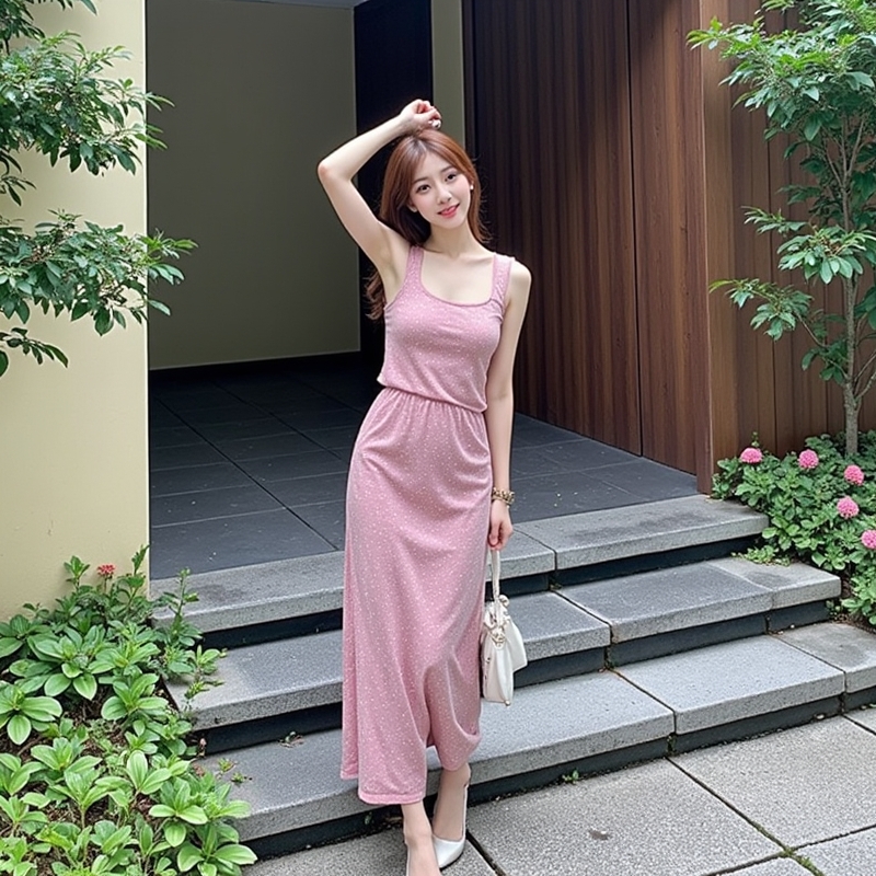 เดรสสายเดี่ยวลายดอกไม้สีชมพู ทรงเอ ที่สร้างความประทับใจด้วยความสวยงาม