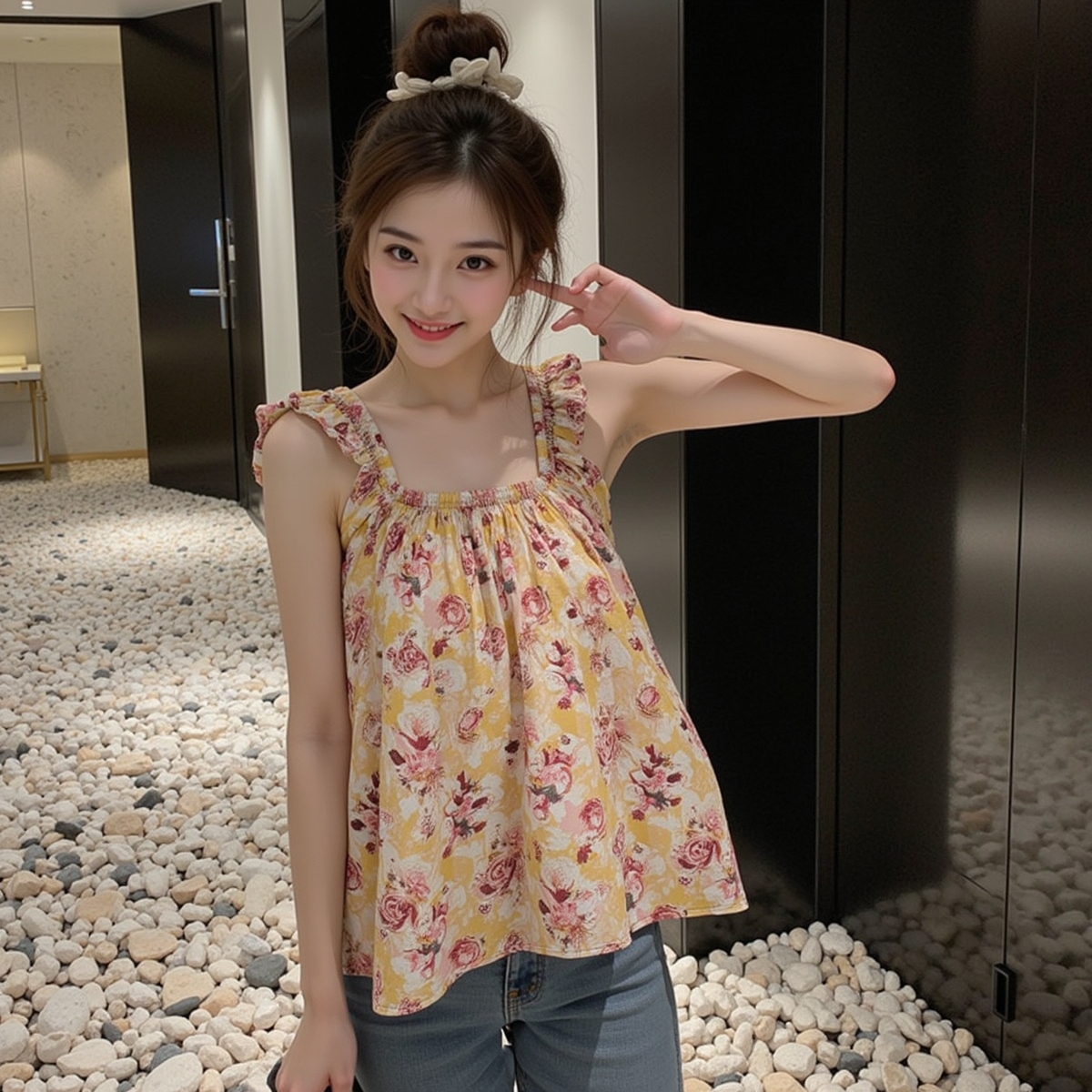เสื้อกล้ามครอปสายเดี่ยวลายดอกไม้สุดน่ารักคอเหลี่ยม
