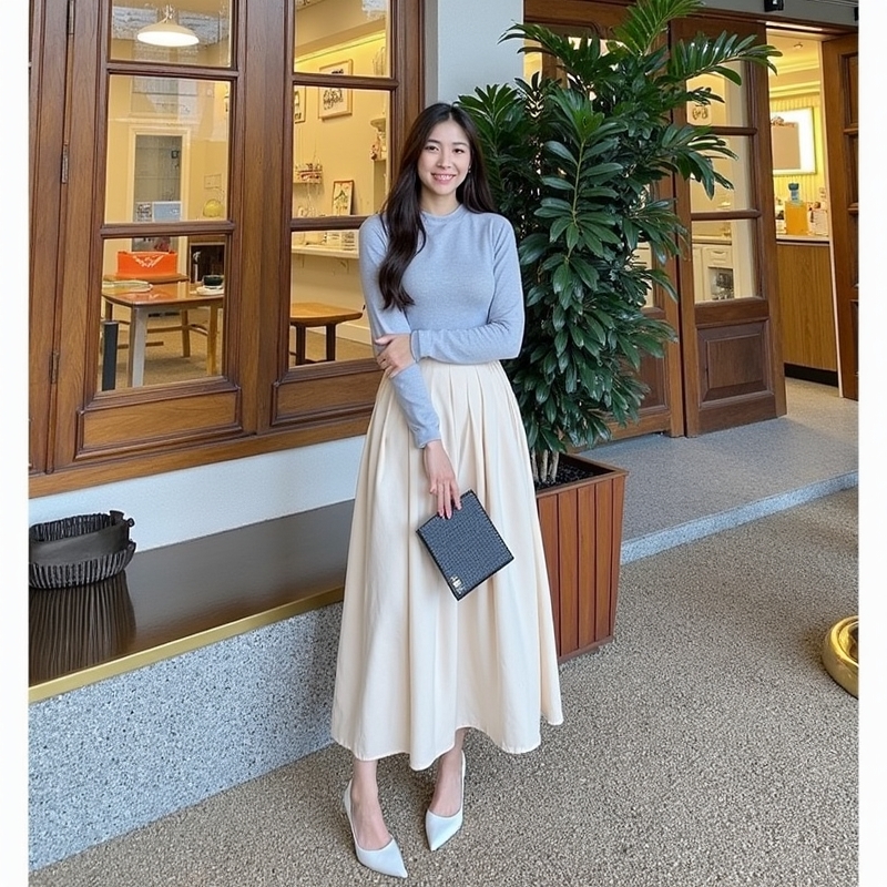 ชุดเซตกระโปรง สไตล์ผู้ดี เสื้อเชิ้ตแขนเบิ้นกระดุมหน้า+กระโปรงเอวเรียบสม็อคหลังมีซับใน A5189