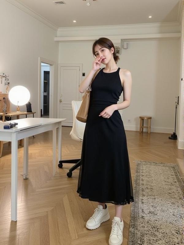 Mystyle ชุดเดรสสายเดี่ยวคล้องคอเปิดเอวกลวงชุดเดรสยาวปานกลางเก็บพู่เอวผูกเชือกสำหรับฤดูร้อนสำหรับผู้หญิง