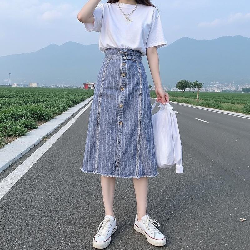 กระโปรงยีนส์ยาวทรงตรง เอวสูงเก็บพุง นื้อผ้ายีนส์ไม่ยืด Size XS-3XL